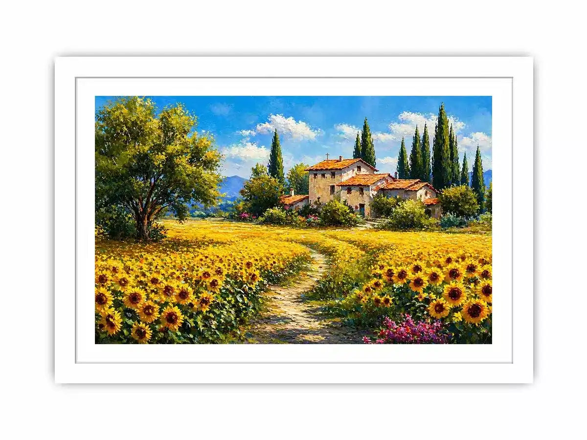 sunflower field villa painting, tuscan landscape Canvas Print, mediterranean countryside canvas, yellow flower field artwork