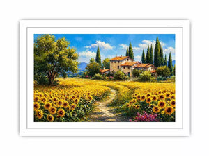 sunflower field villa painting, tuscan landscape Canvas Print, mediterranean countryside canvas, yellow flower field artwork