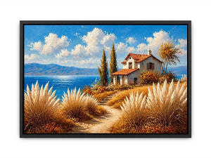 coastal cottage painting ocean view, mediterranean seaside Canvas Print, neutral coastal landscape canvas, beach house aesthetic artwork