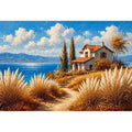 coastal cottage painting ocean view, mediterranean seaside Canvas Print, neutral coastal landscape canvas, beach house aesthetic artwork