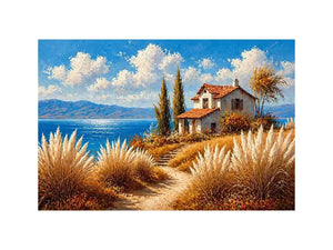 coastal cottage painting ocean view, mediterranean seaside Canvas Print, neutral coastal landscape canvas, beach house aesthetic artwork