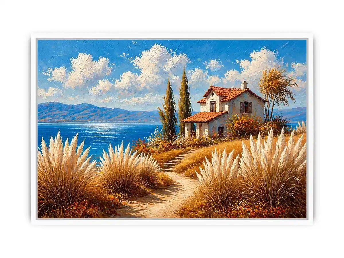 coastal cottage painting ocean view, mediterranean seaside Canvas Print, neutral coastal landscape canvas, beach house aesthetic artwork