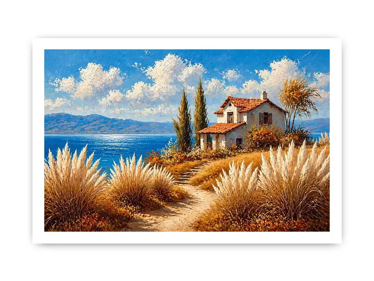 coastal cottage painting ocean view, mediterranean seaside Canvas Print, neutral coastal landscape canvas, beach house aesthetic artwork