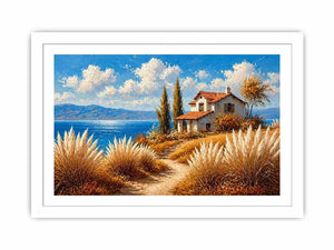coastal cottage painting ocean view, mediterranean seaside Canvas Print, neutral coastal landscape canvas, beach house aesthetic artwork