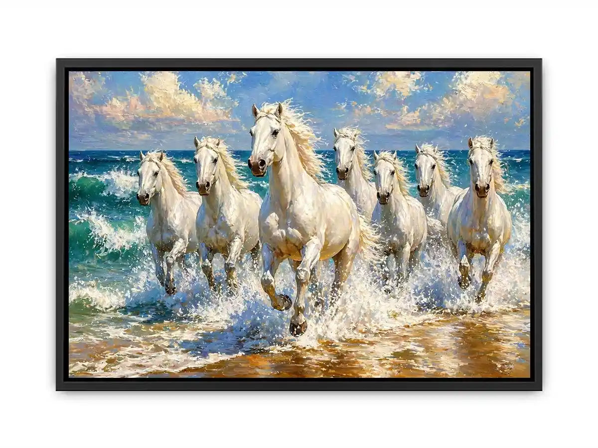 white horses beach painting, horses running ocean waves art, coastal horse Canvas Print canvas, seascape horse painting modern