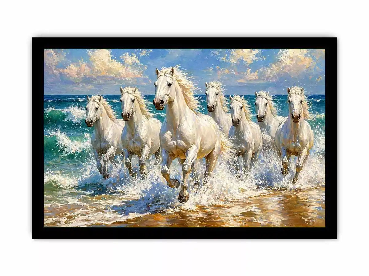 white horses beach painting, horses running ocean waves art, coastal horse Canvas Print canvas, seascape horse painting modern