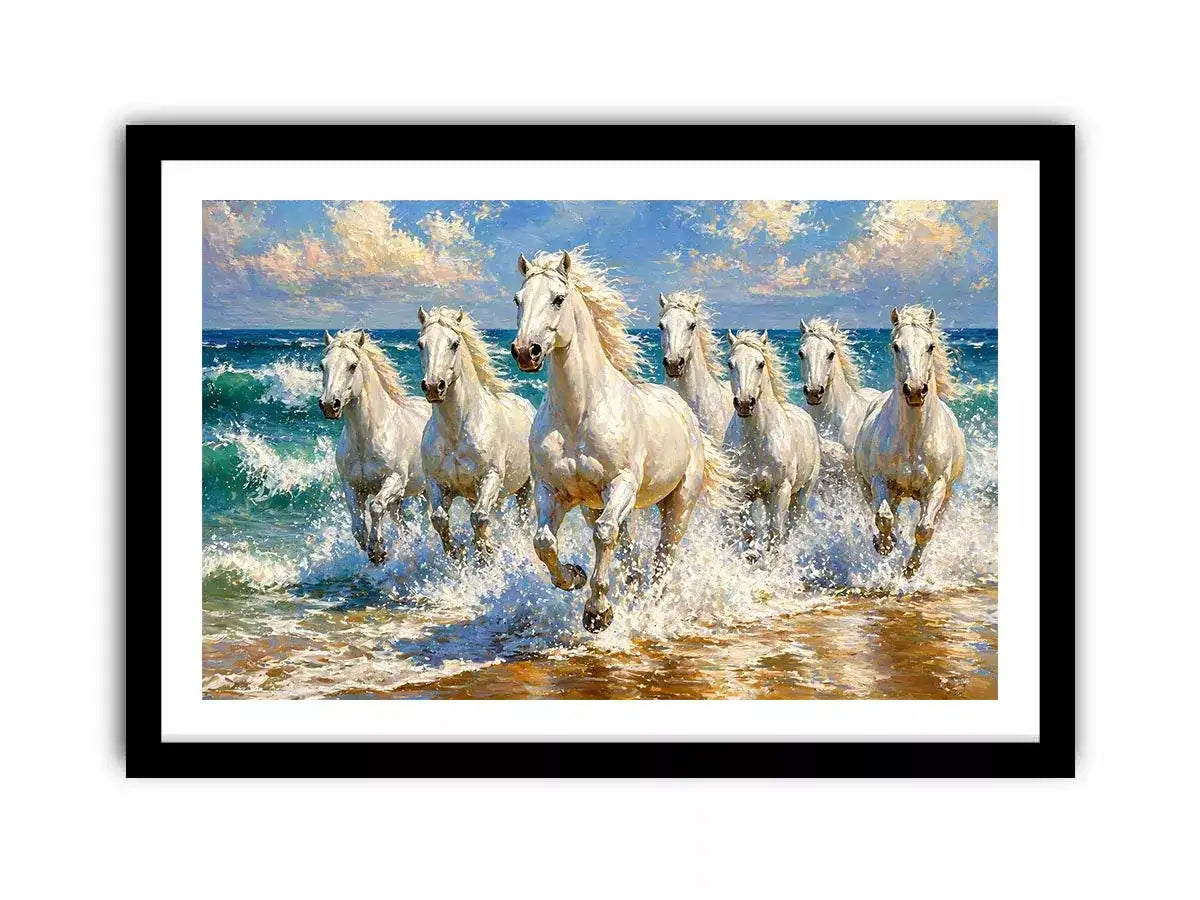 white horses beach painting, horses running ocean waves art, coastal horse Canvas Print canvas, seascape horse painting modern