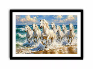 white horses beach painting, horses running ocean waves art, coastal horse Canvas Print canvas, seascape horse painting modern