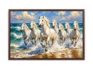 white horses beach painting, horses running ocean waves art, coastal horse Canvas Print canvas, seascape horse painting modern