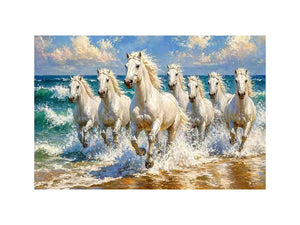 white horses beach painting, horses running ocean waves art, coastal horse Canvas Print canvas, seascape horse painting modern