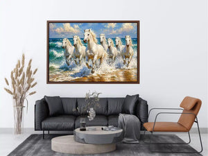 white horses beach painting, horses running ocean waves art, coastal horse Canvas Print canvas, seascape horse painting modern