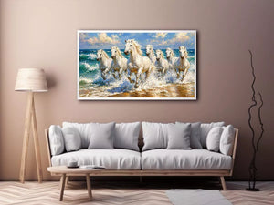 white horses beach painting, horses running ocean waves art, coastal horse Canvas Print canvas, seascape horse painting modern