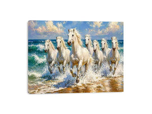 white horses beach painting, horses running ocean waves art, coastal horse Canvas Print canvas, seascape horse painting modern