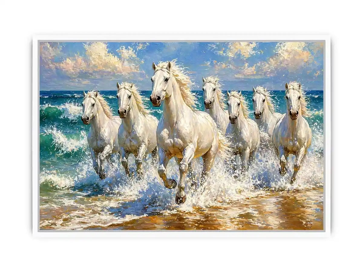 white horses beach painting, horses running ocean waves art, coastal horse Canvas Print canvas, seascape horse painting modern
