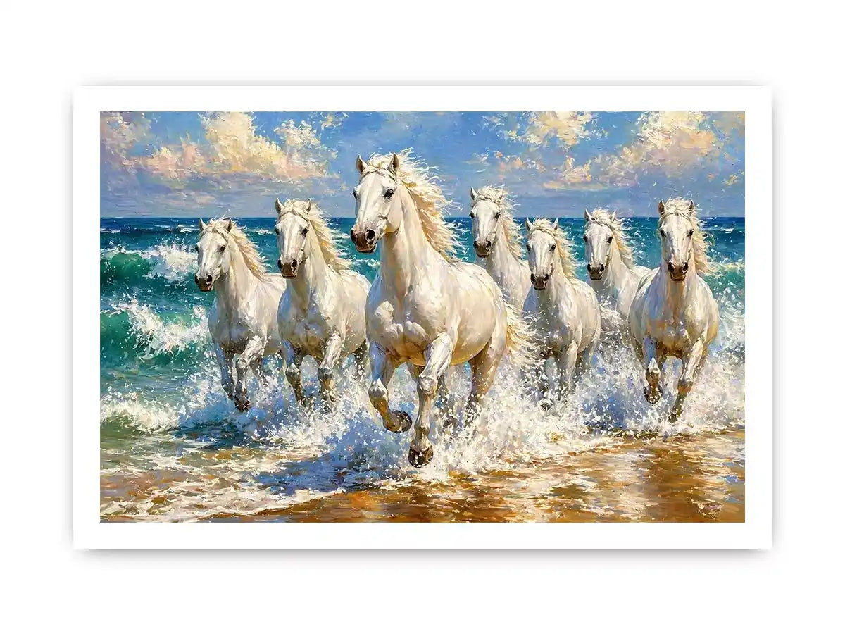 white horses beach painting, horses running ocean waves art, coastal horse Canvas Print canvas, seascape horse painting modern