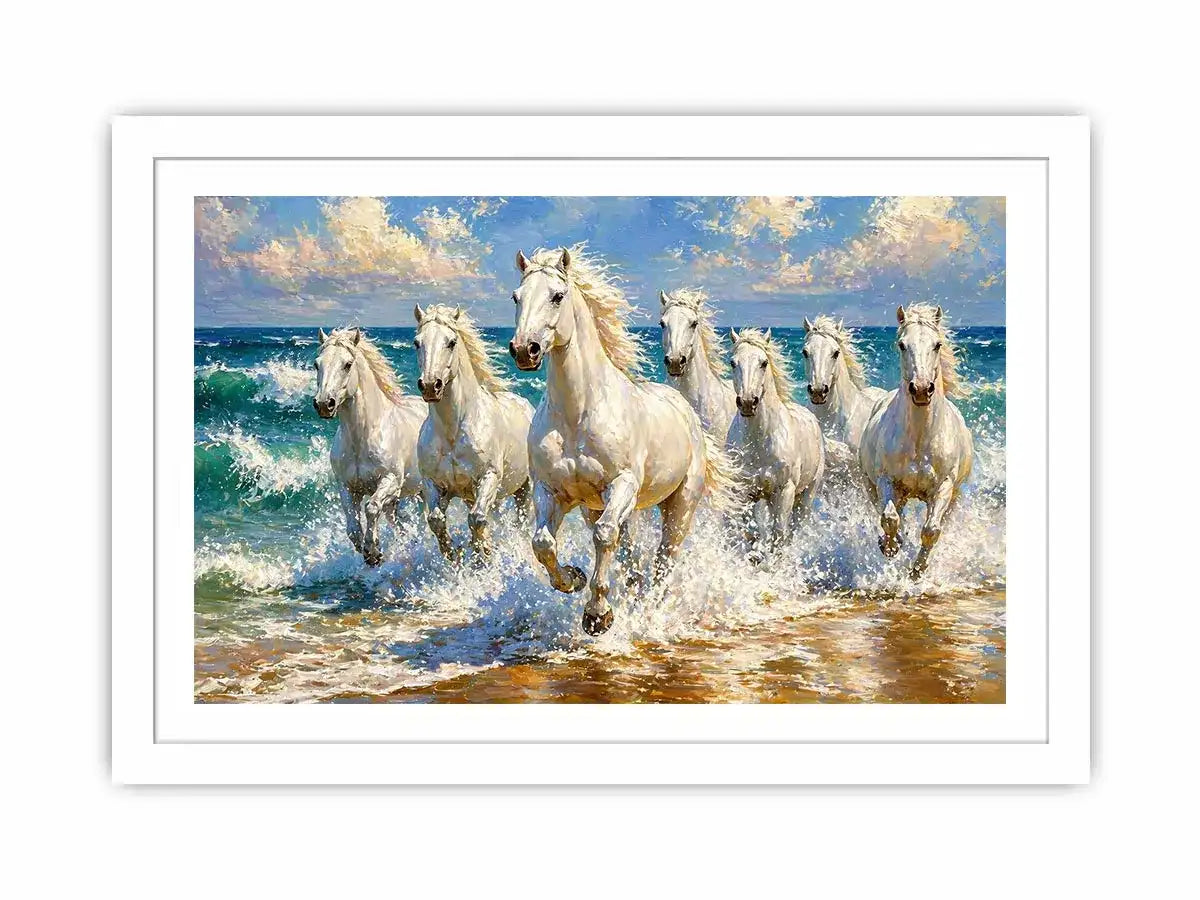 white horses beach painting, horses running ocean waves art, coastal horse Canvas Print canvas, seascape horse painting modern