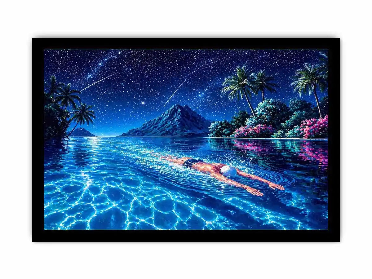 night swimming ocean painting, tropical island starry sky Canvas Print, surreal swimmer ocean canvas, dreamy coastal night artwork