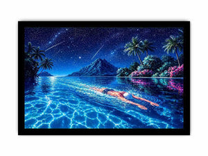 night swimming ocean painting, tropical island starry sky Canvas Print, surreal swimmer ocean canvas, dreamy coastal night artwork