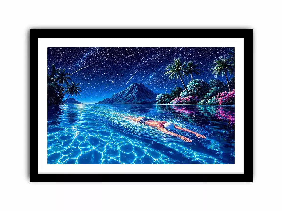 night swimming ocean painting, tropical island starry sky Canvas Print, surreal swimmer ocean canvas, dreamy coastal night artwork