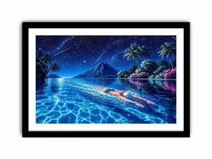 night swimming ocean painting, tropical island starry sky Canvas Print, surreal swimmer ocean canvas, dreamy coastal night artwork