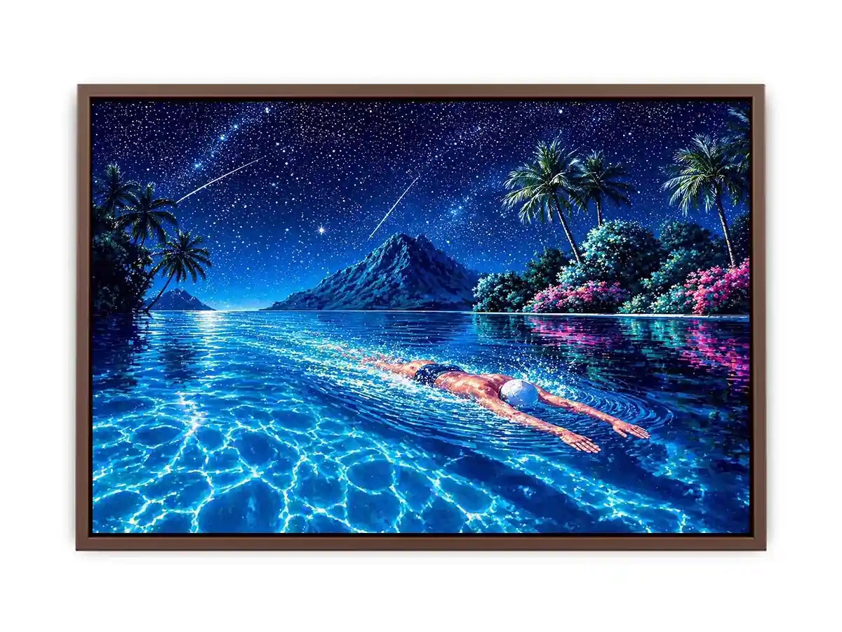 night swimming ocean painting, tropical island starry sky Canvas Print, surreal swimmer ocean canvas, dreamy coastal night artwork