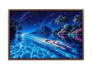 night swimming ocean painting, tropical island starry sky Canvas Print, surreal swimmer ocean canvas, dreamy coastal night artwork