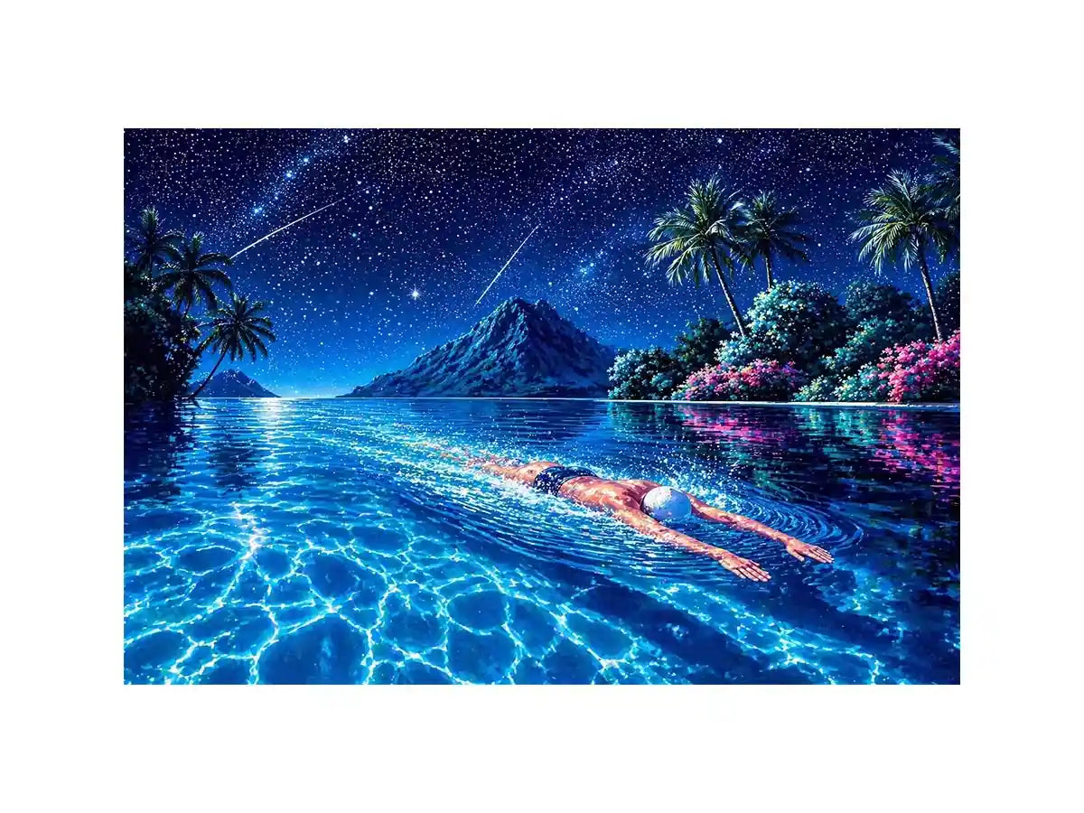 night swimming ocean painting, tropical island starry sky wall art, surreal swimmer ocean canvas, dreamy coastal night artwork