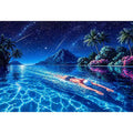 night swimming ocean painting, tropical island starry sky Canvas Print, surreal swimmer ocean canvas, dreamy coastal night artwork