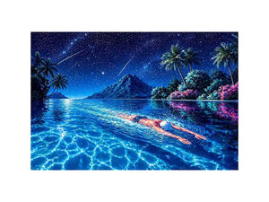 night swimming ocean painting, tropical island starry sky Canvas Print, surreal swimmer ocean canvas, dreamy coastal night artwork