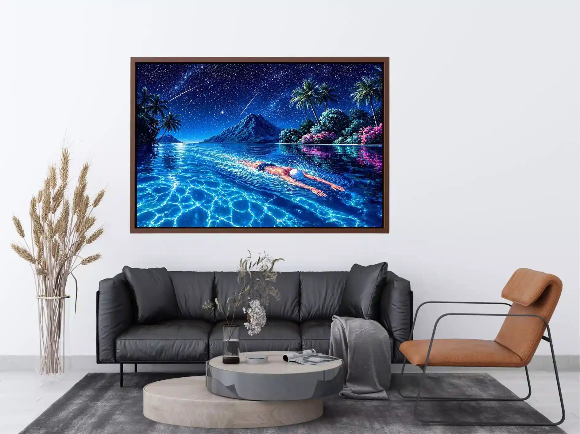 night swimming ocean painting, tropical island starry sky Canvas Print, surreal swimmer ocean canvas, dreamy coastal night artwork