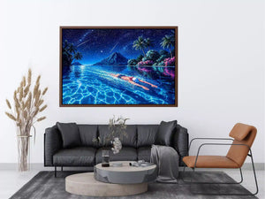 night swimming ocean painting, tropical island starry sky Canvas Print, surreal swimmer ocean canvas, dreamy coastal night artwork