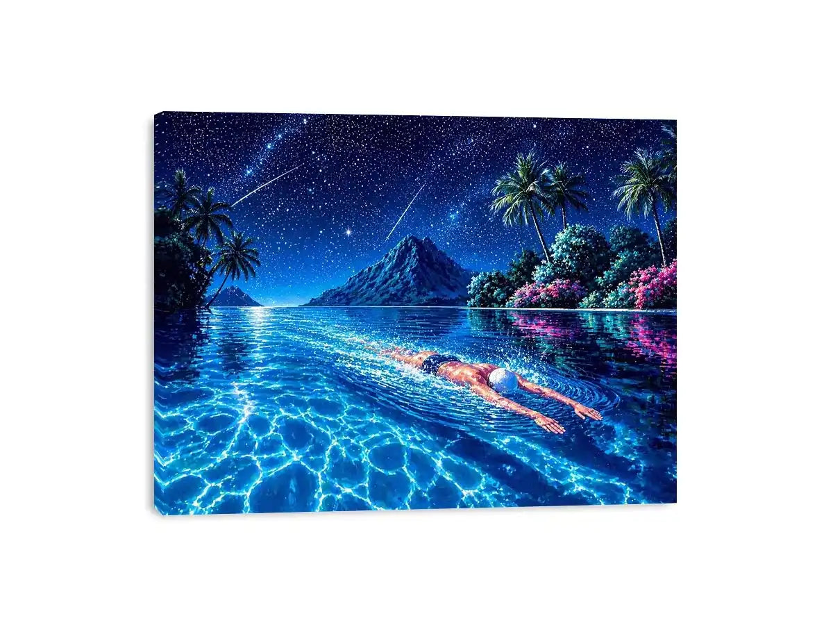 night swimming ocean painting, tropical island starry sky Canvas Print, surreal swimmer ocean canvas, dreamy coastal night artwork