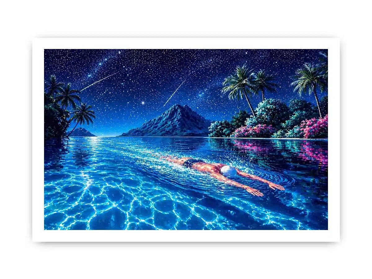 night swimming ocean painting, tropical island starry sky Canvas Print, surreal swimmer ocean canvas, dreamy coastal night artwork