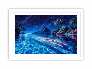 night swimming ocean painting, tropical island starry sky Canvas Print, surreal swimmer ocean canvas, dreamy coastal night artwork