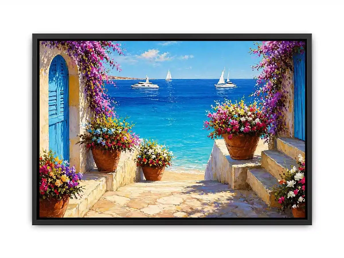mediterranean terrace sea painting, coastal balcony flowers Canvas Print, ocean view canvas mediterranean style, seaside villa artwork