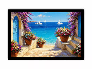 mediterranean terrace sea painting, coastal balcony flowers Canvas Print, ocean view canvas mediterranean style, seaside villa artwork