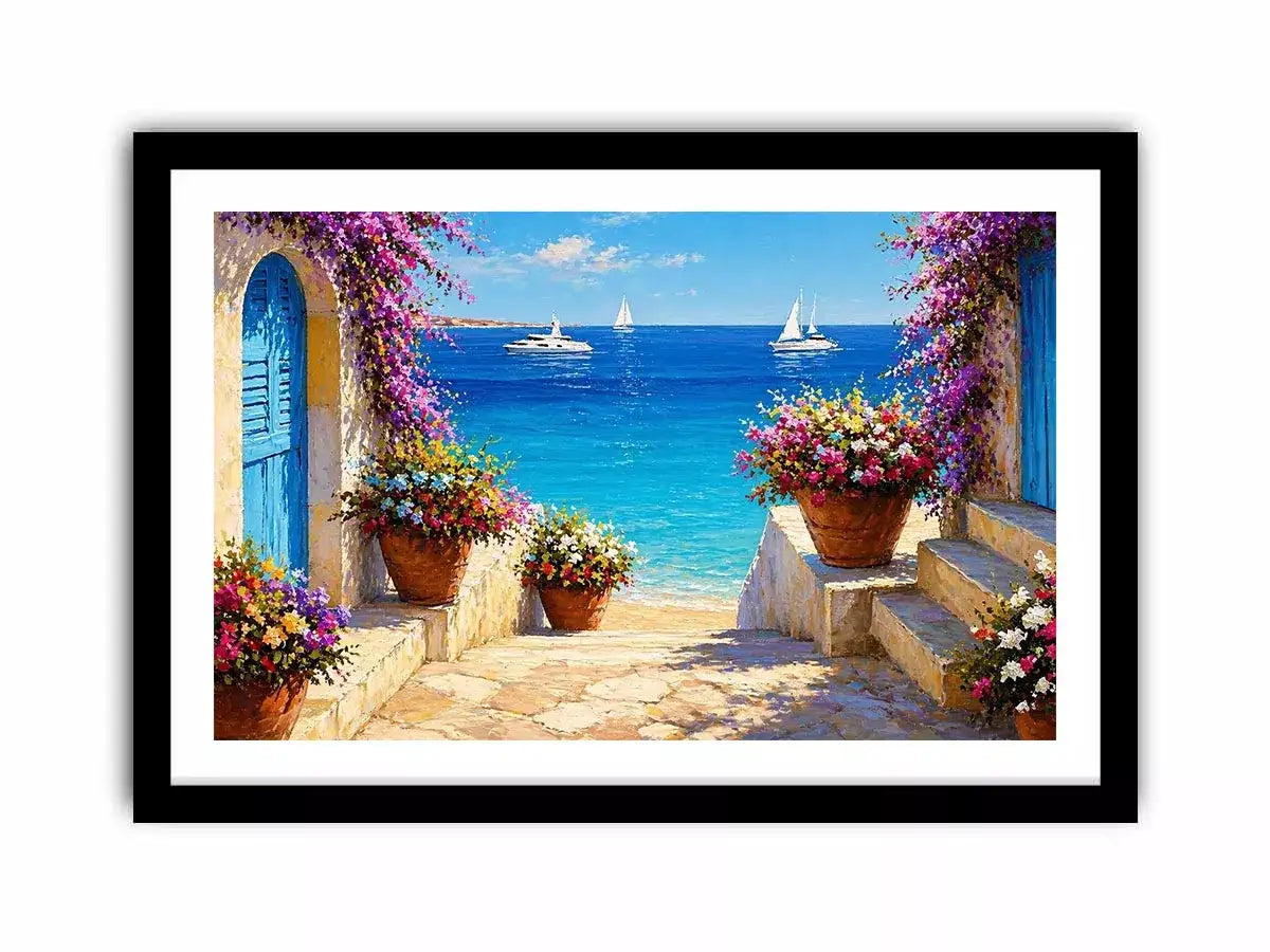 mediterranean terrace sea painting, coastal balcony flowers Canvas Print, ocean view canvas mediterranean style, seaside villa artwork