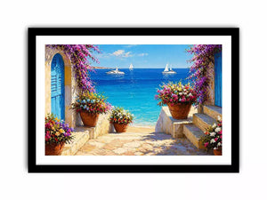 mediterranean terrace sea painting, coastal balcony flowers Canvas Print, ocean view canvas mediterranean style, seaside villa artwork