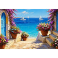 mediterranean terrace sea painting, coastal balcony flowers Canvas Print, ocean view canvas mediterranean style, seaside villa artwork