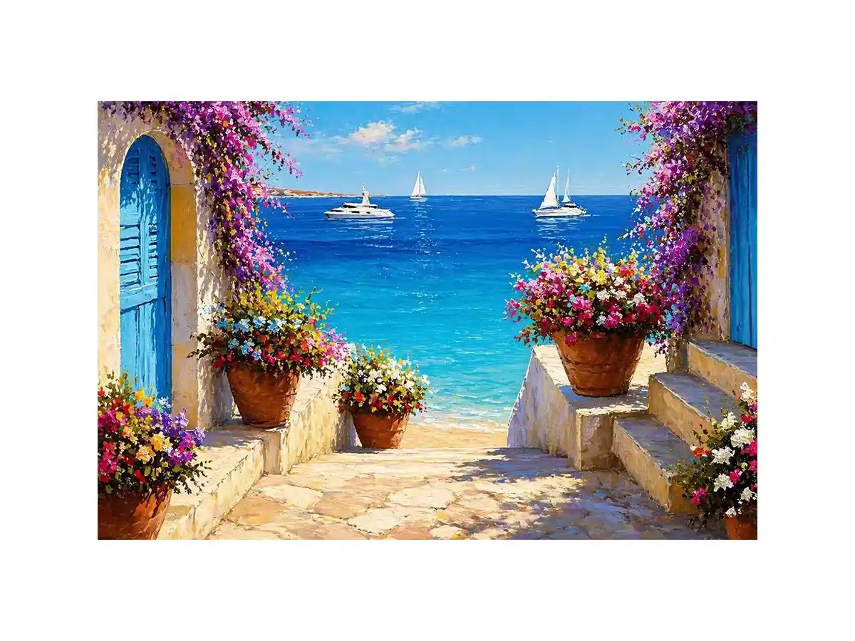 mediterranean terrace sea painting, coastal balcony flowers Canvas Print, ocean view canvas mediterranean style, seaside villa artwork