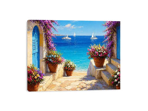 mediterranean terrace sea painting, coastal balcony flowers Canvas Print, ocean view canvas mediterranean style, seaside villa artwork