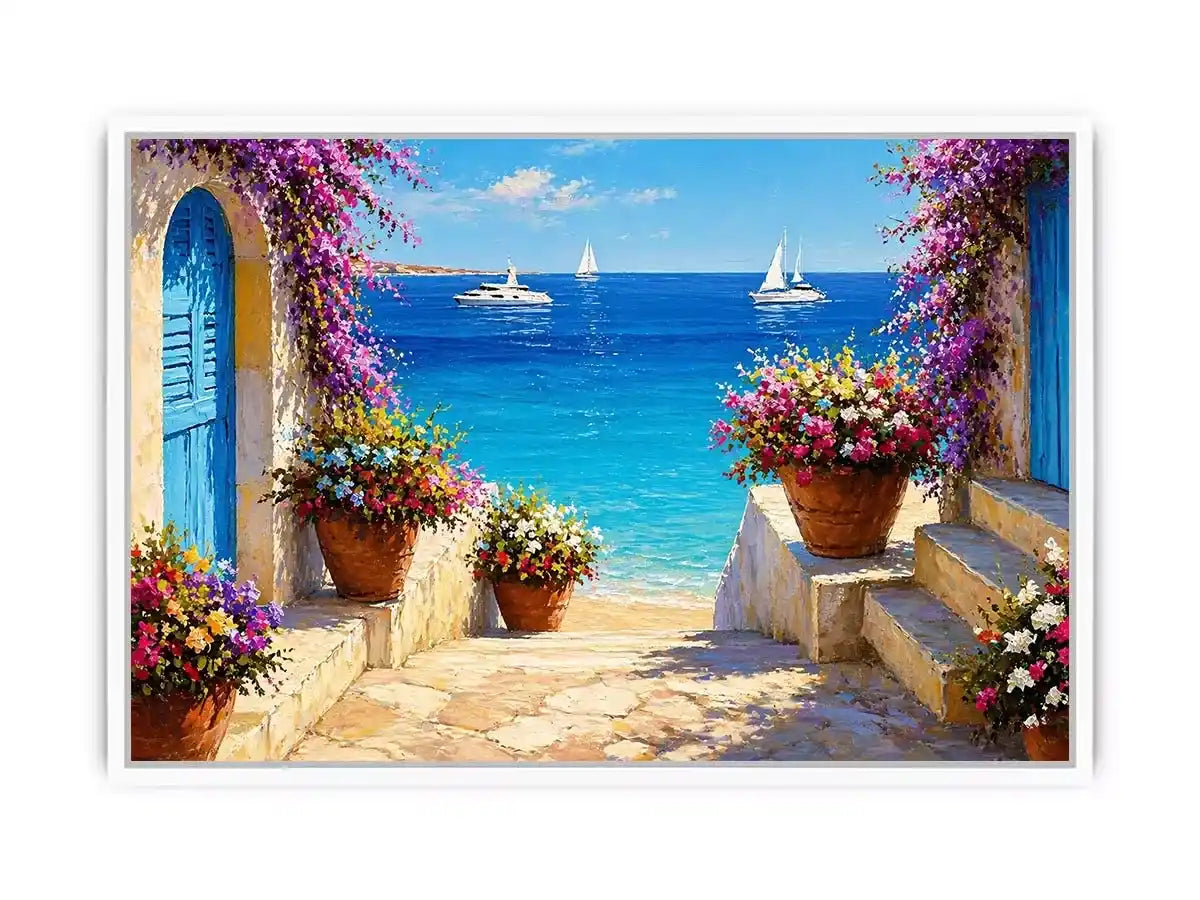 mediterranean terrace sea painting, coastal balcony flowers Canvas Print, ocean view canvas mediterranean style, seaside villa artwork