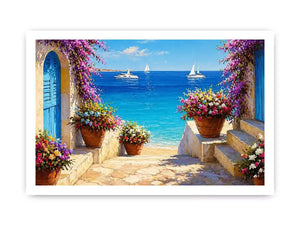 mediterranean terrace sea painting, coastal balcony flowers Canvas Print, ocean view canvas mediterranean style, seaside villa artwork