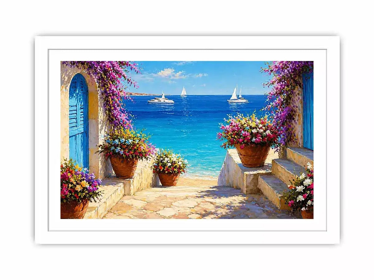 mediterranean terrace sea painting, coastal balcony flowers Canvas Print, ocean view canvas mediterranean style, seaside villa artwork