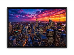 city skyline sunset Canvas Print, urban skyline night lights canvas, modern cityscape artwork, new york skyline evening art