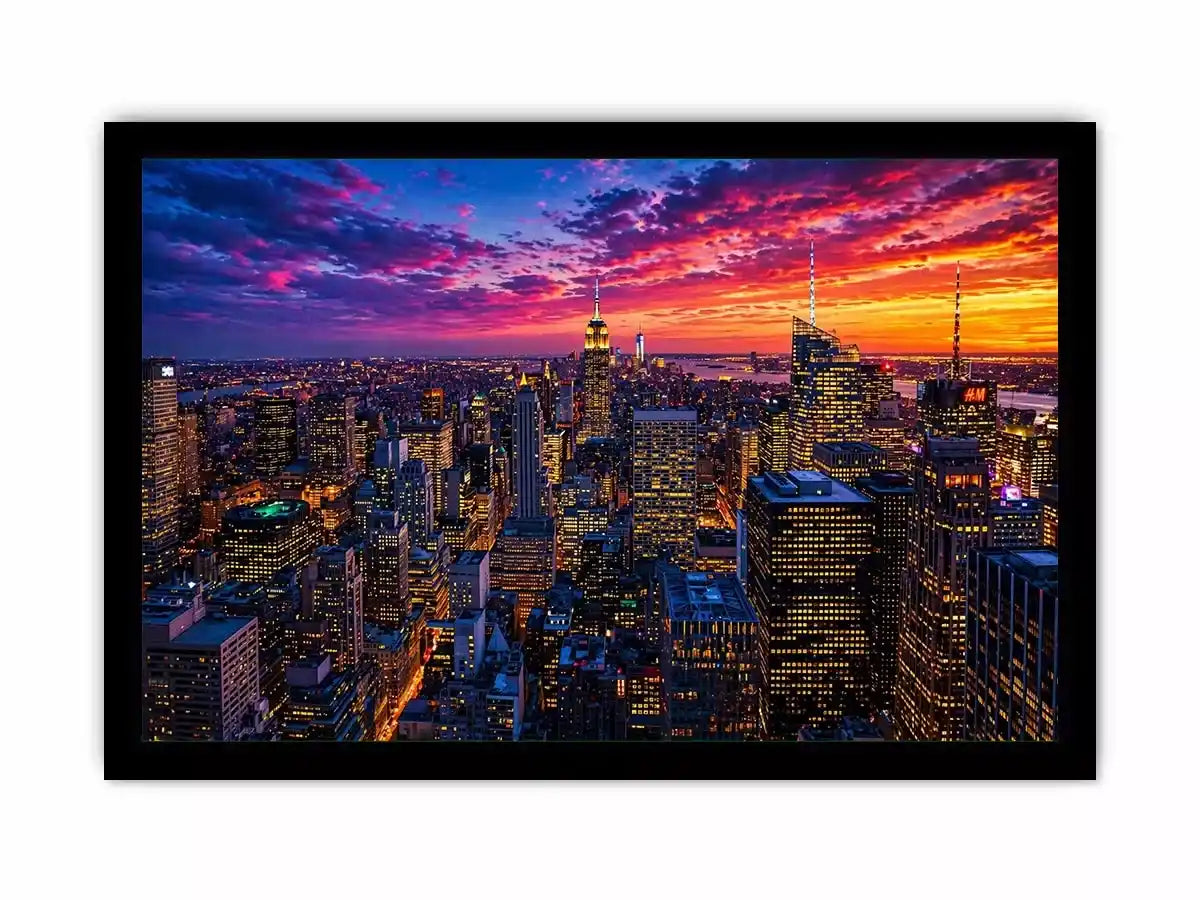 city skyline sunset Canvas Print, urban skyline night lights canvas, modern cityscape artwork, new york skyline evening art