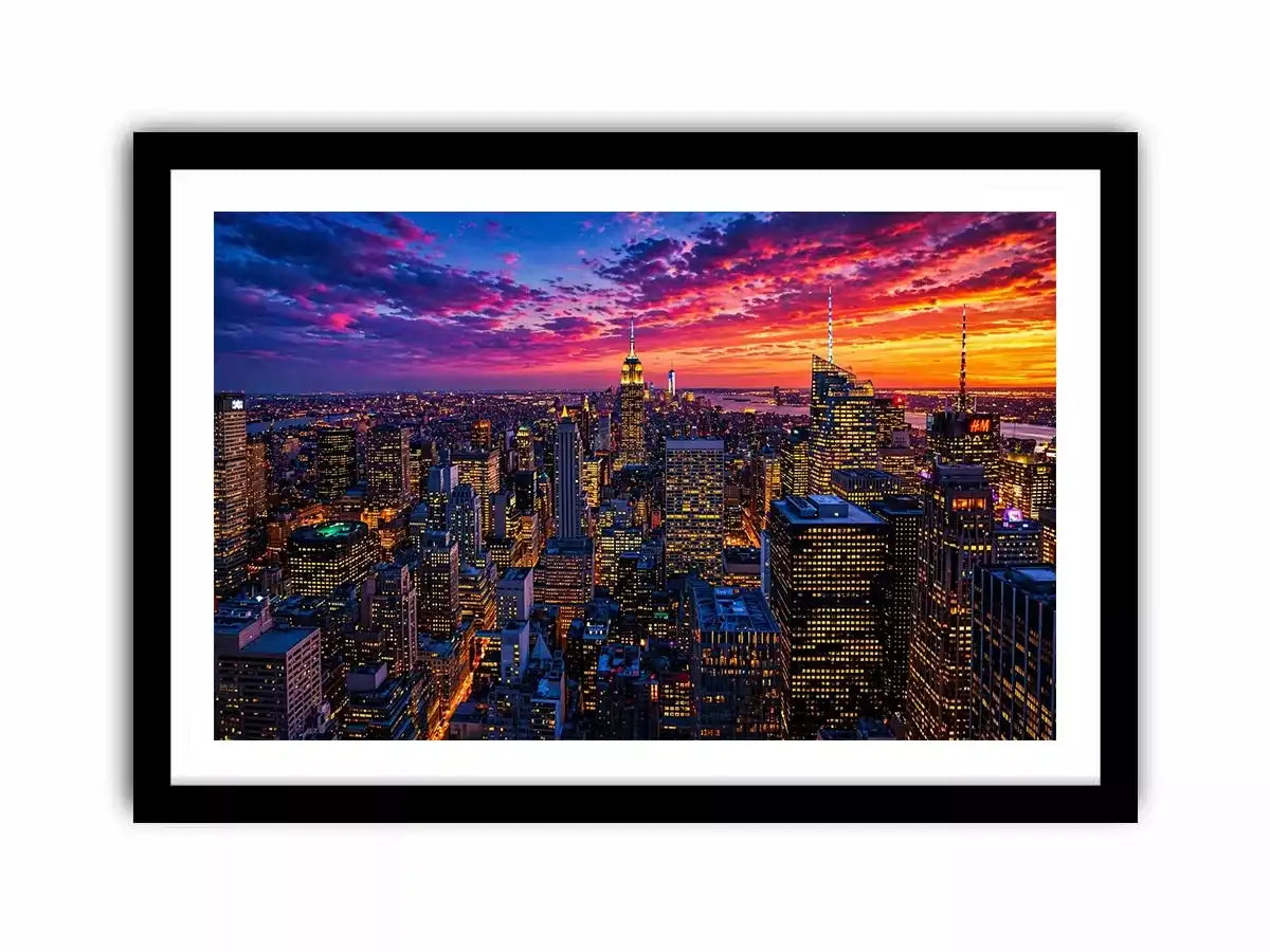 city skyline sunset Canvas Print, urban skyline night lights canvas, modern cityscape artwork, new york skyline evening art