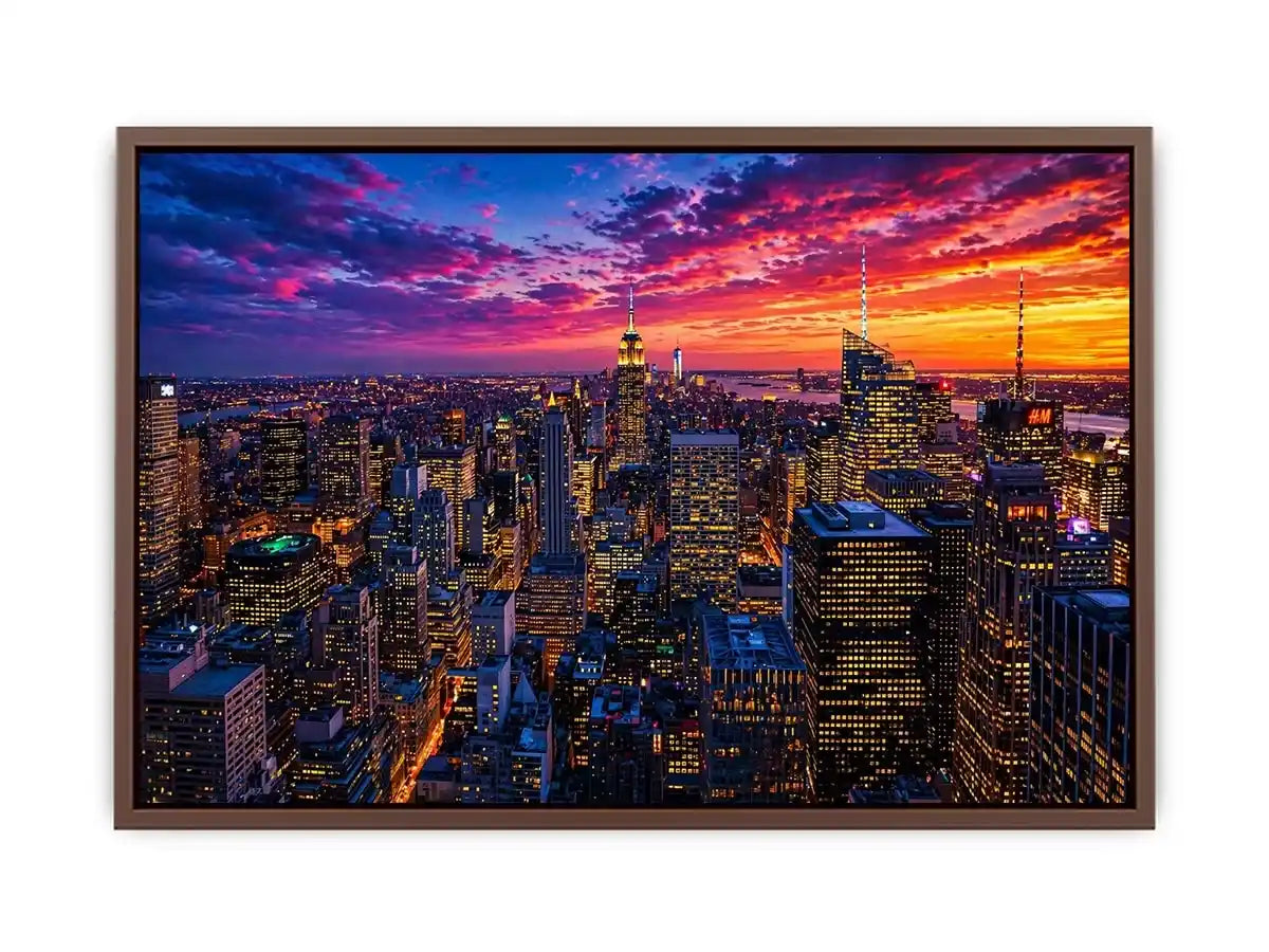 city skyline sunset Canvas Print, urban skyline night lights canvas, modern cityscape artwork, new york skyline evening art