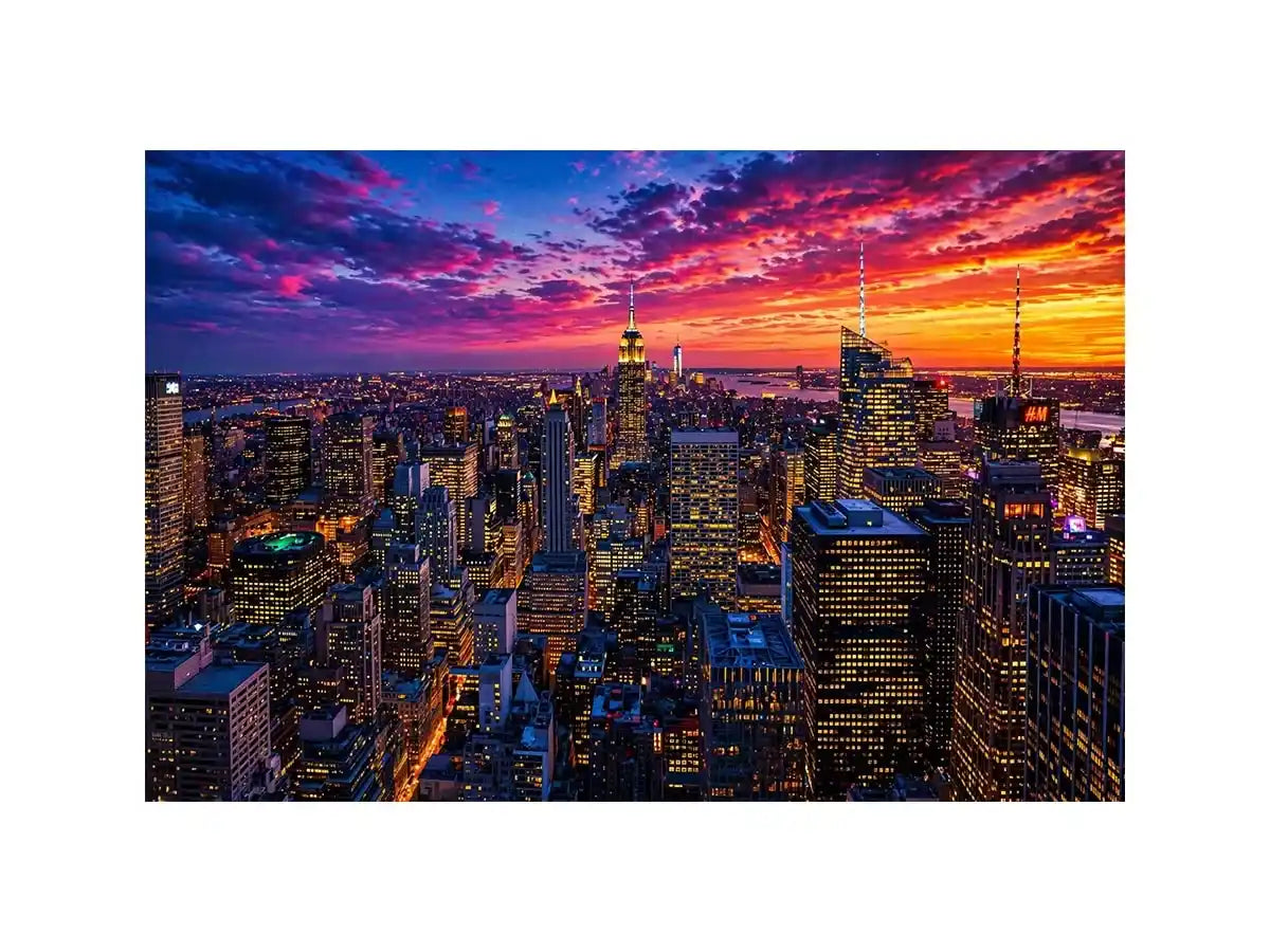city skyline sunset Canvas Print, urban skyline night lights canvas, modern cityscape artwork, new york skyline evening art