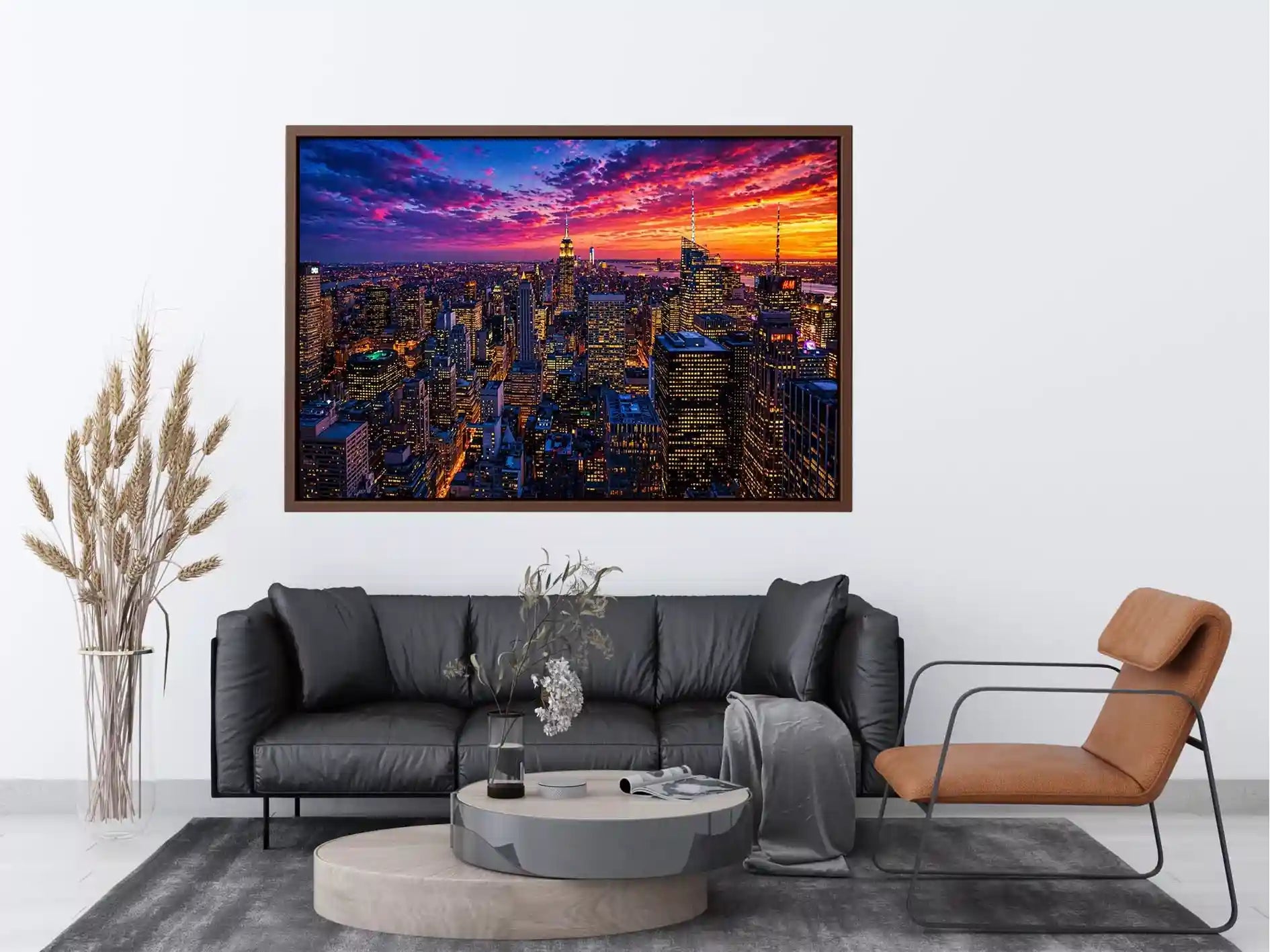 city skyline sunset Canvas Print, urban skyline night lights canvas, modern cityscape artwork, new york skyline evening art